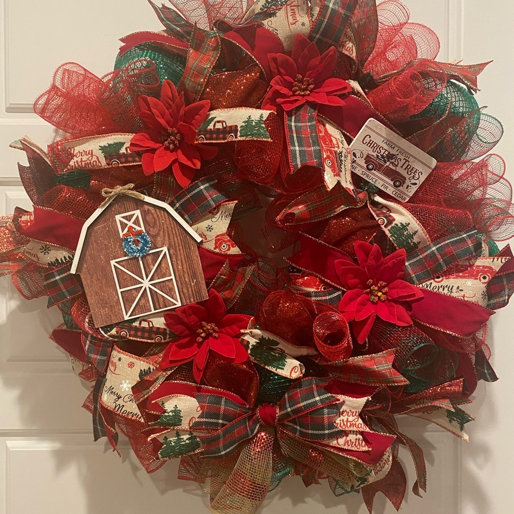 Festive Holiday Red Truck, Barn and Poinsettias Wreath